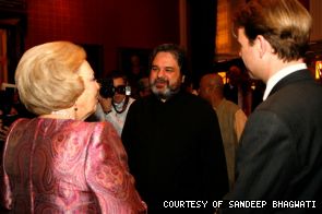 Queen Beatrix of the Netherlands met with Bhagwati afterwards in a private reception. Simon Reinink, Director of the Concertgebouw, is on the right.